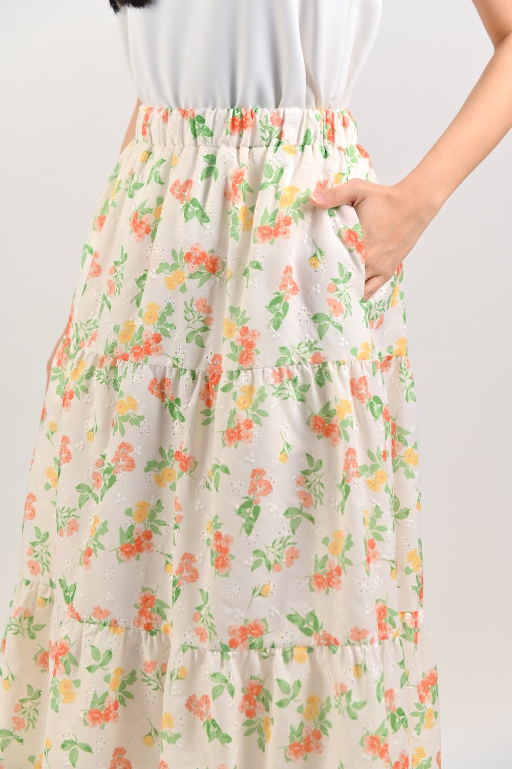 KAORU EYELET FLORAL TIERED MIDAXI SKIRT
