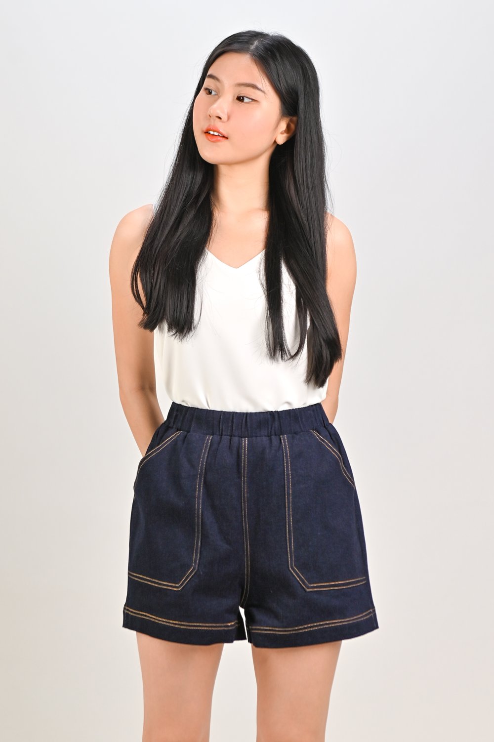 ZORANA ELASTIC-WAIST SHORTS IN DARK DENIM