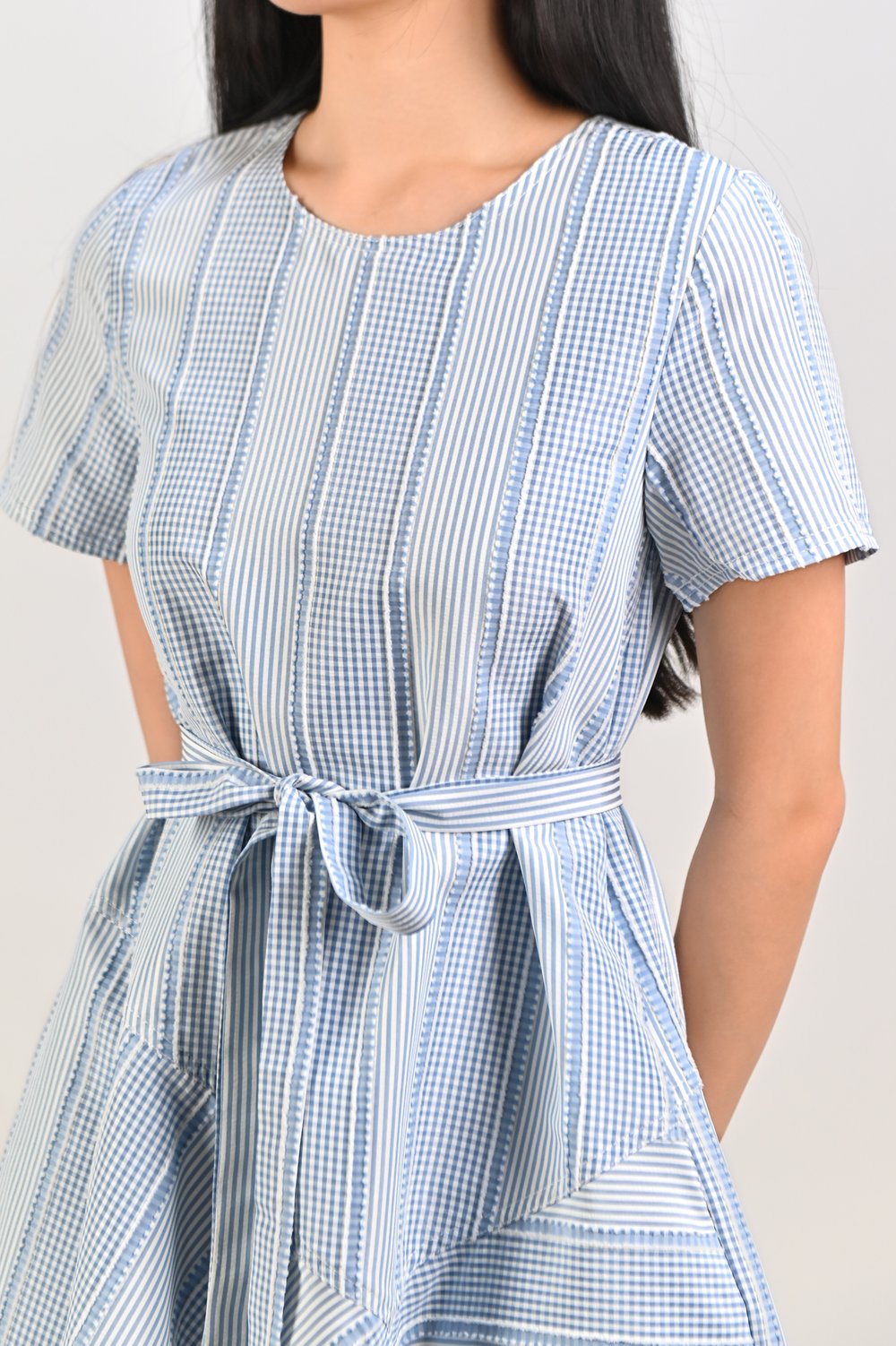 STRIPE-GINGHAM ROUND-NECK FLOUNCE DRESS IN BLUE