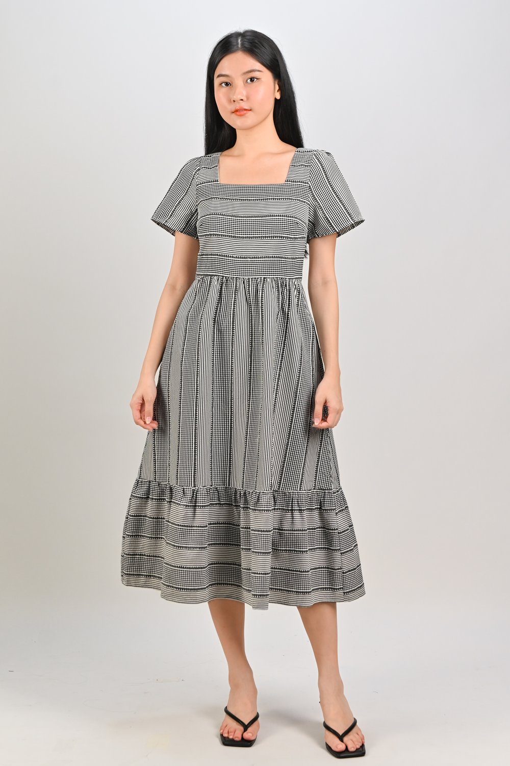 STRIPE-GINGHAM SQUARE-NECK MIDI DRESS IN BLACK