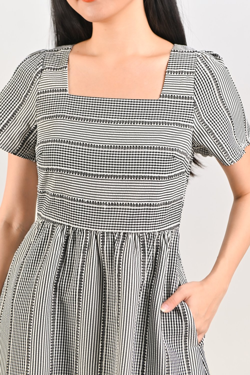 STRIPE-GINGHAM SQUARE-NECK MIDI DRESS IN BLACK