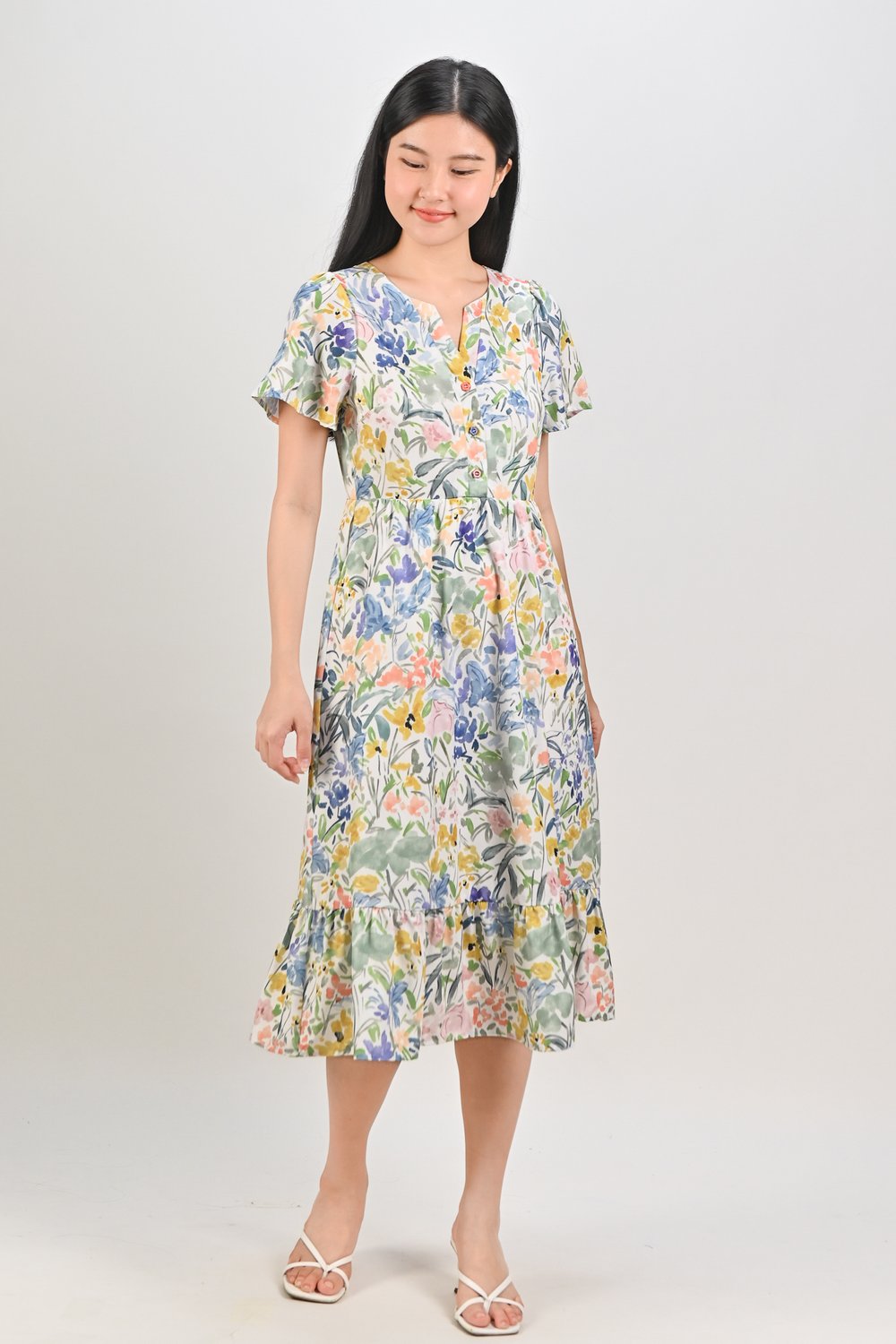 ISLIE WATERCOLOUR SLEEVED BUTTON MIDI DRESS