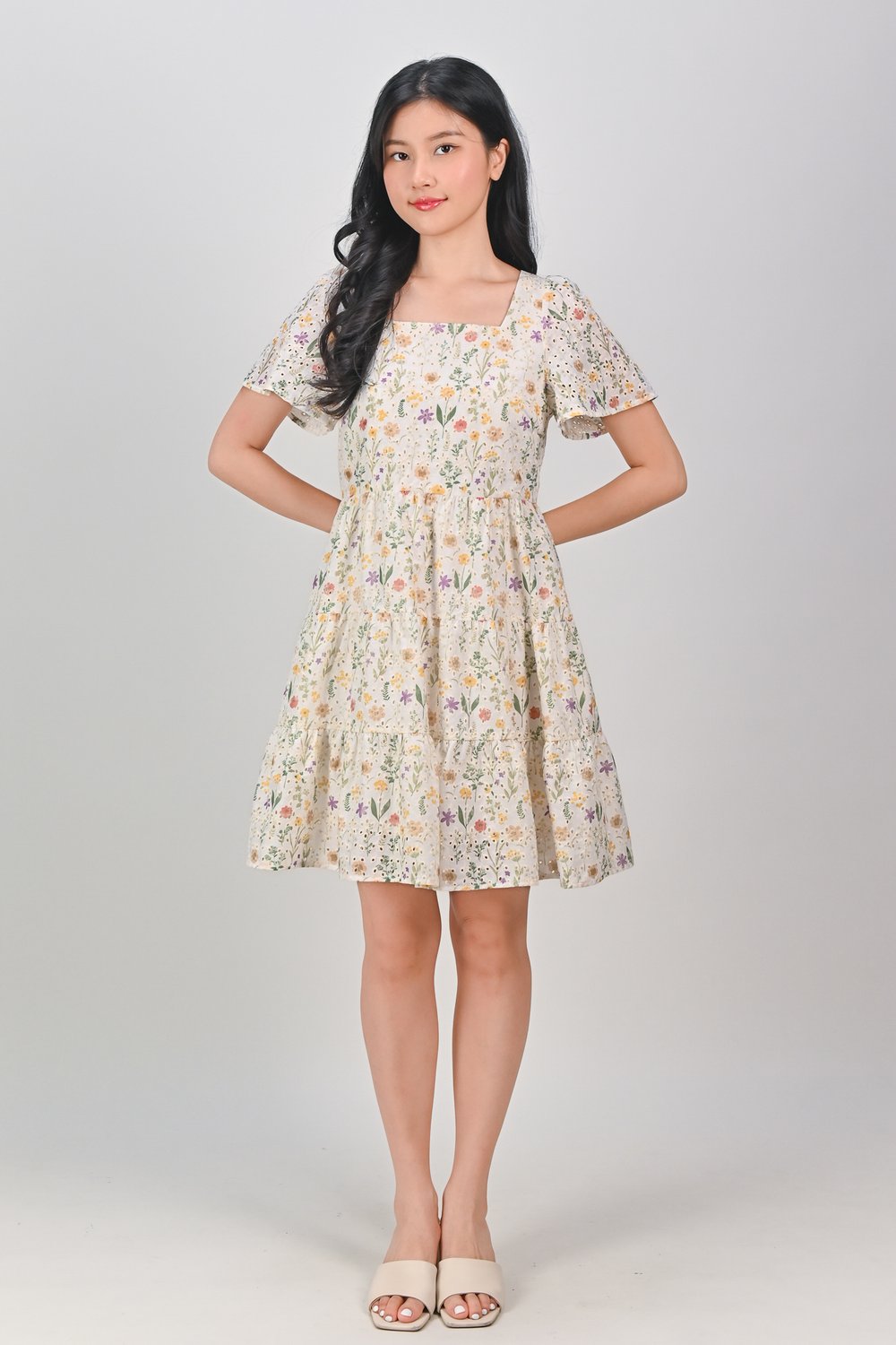 JENNY EYELET FLORAL SQUARE-NECK BABYDOLL DRESS