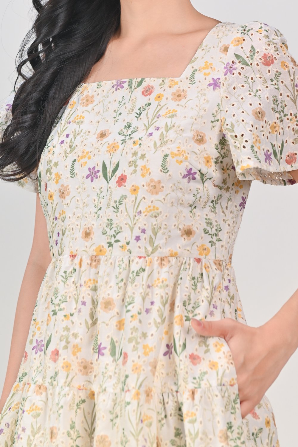 JENNY EYELET FLORAL SQUARE-NECK BABYDOLL DRESS