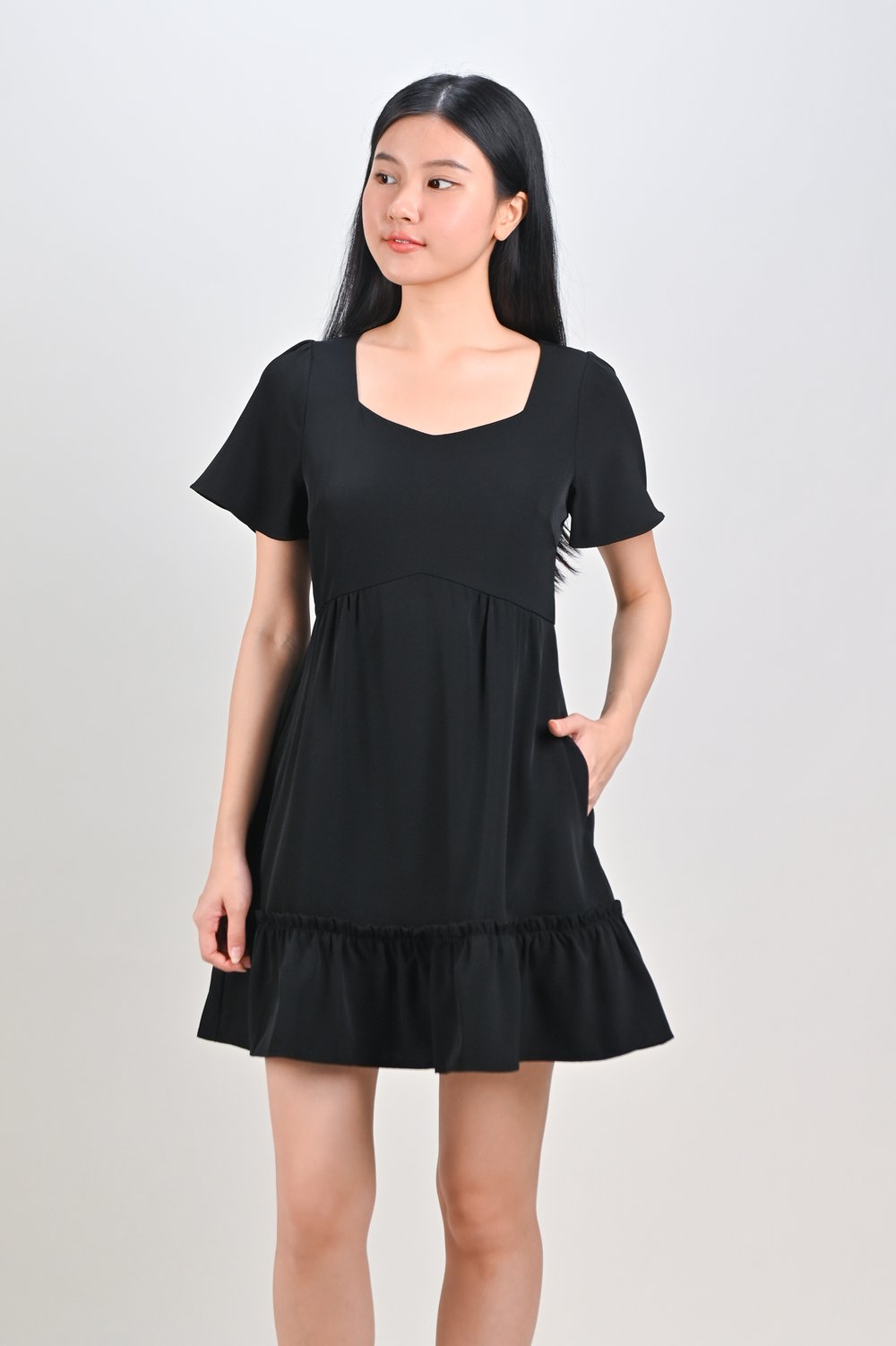 MIDORI SWEETHEART FLOUNCE DRESS-ROMPER IN BLACK