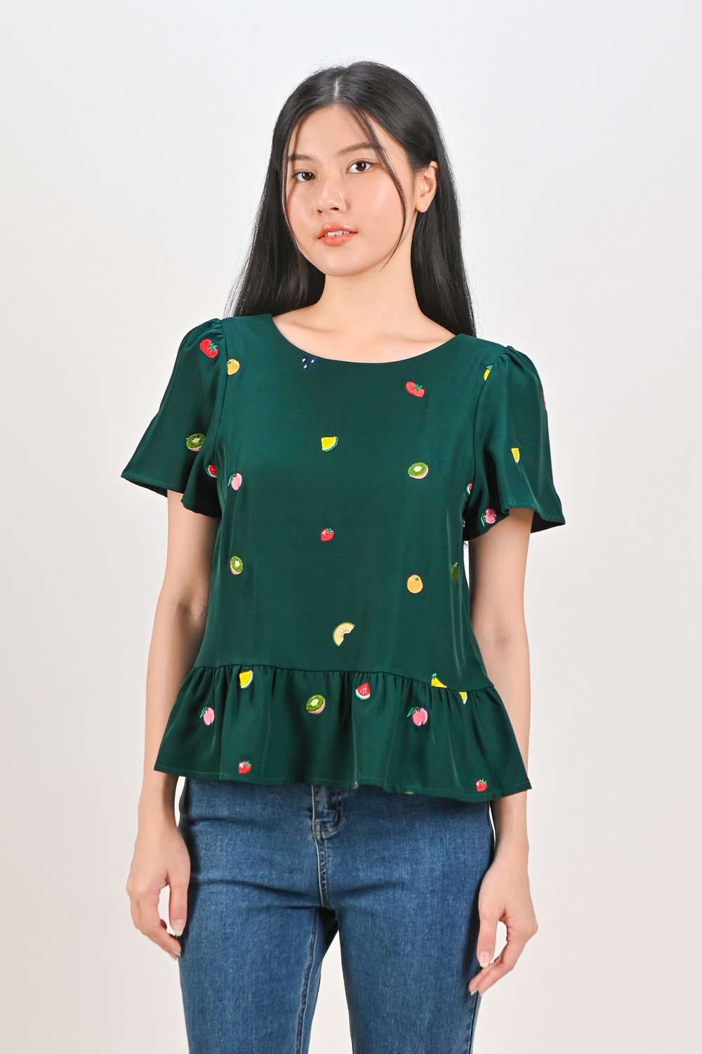 SUMMER HARVEST EMB. SLEEVED FLOUNCE TOP IN FOREST
