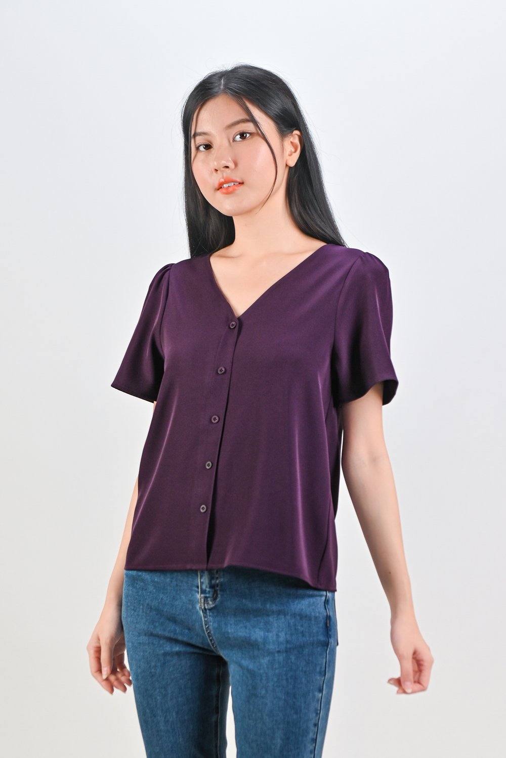 ASHA SLEEVED BUTTON TOP IN PURPLE