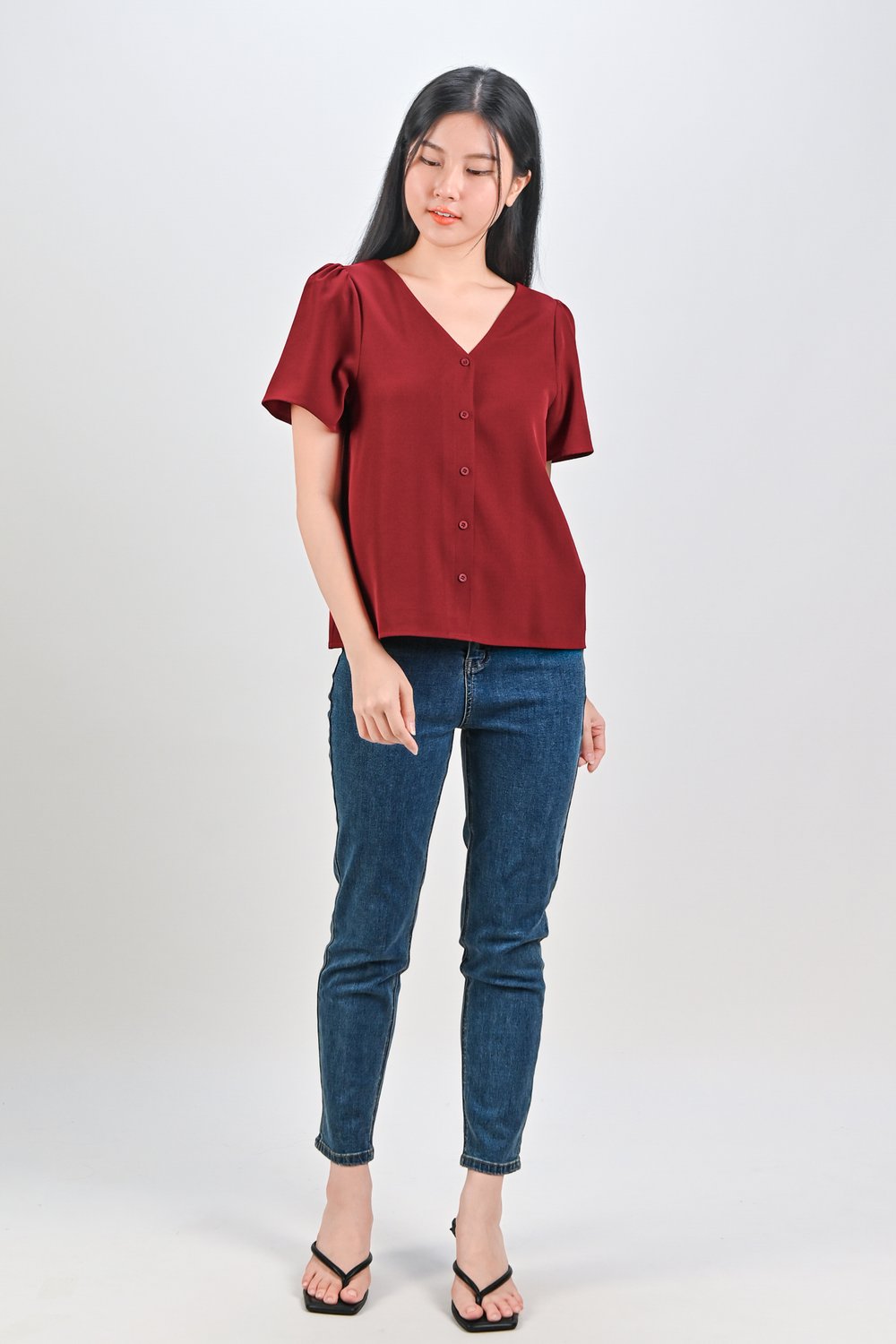 ASHA SLEEVED BUTTON TOP IN RED