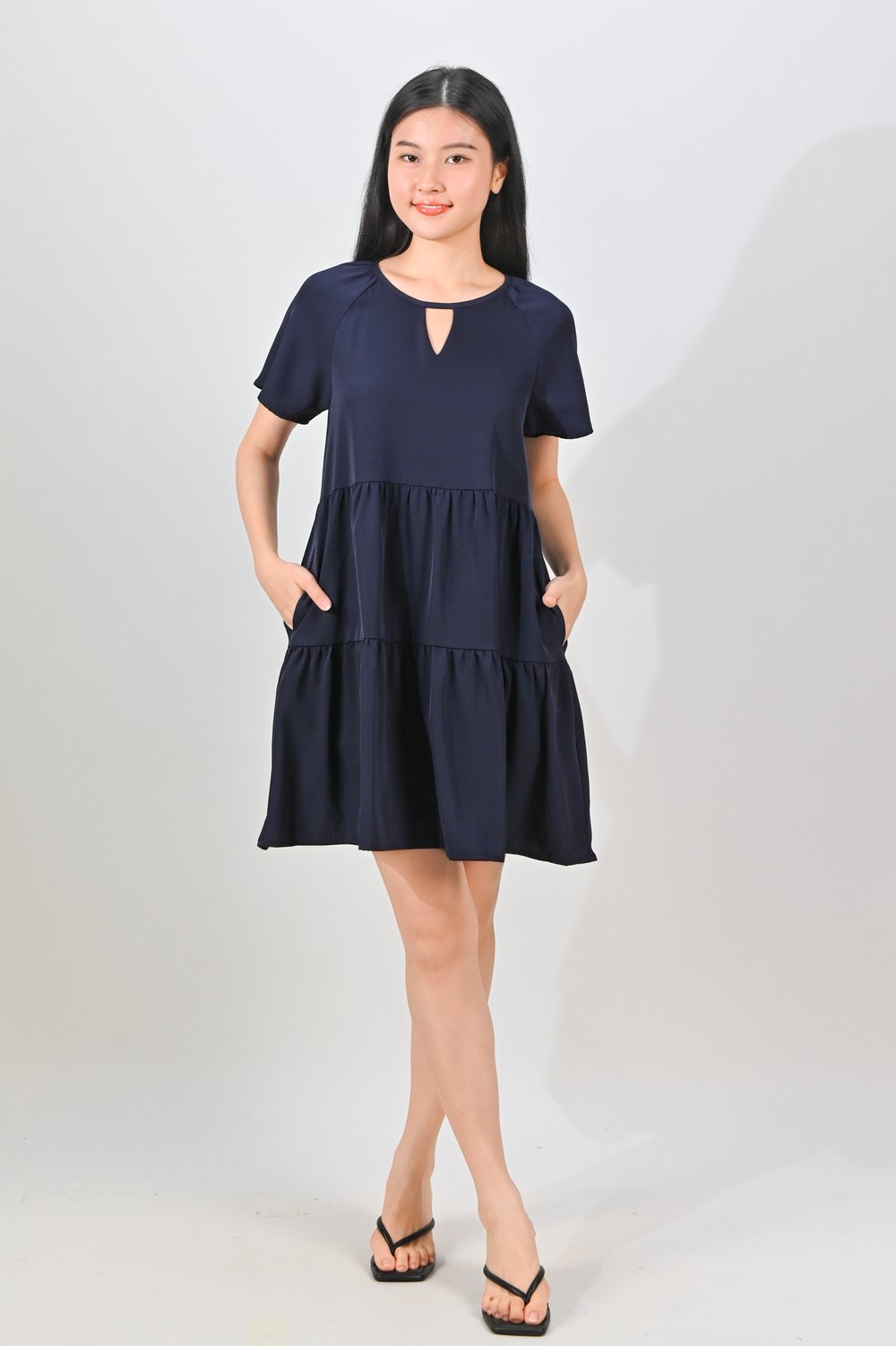 XORA CUT-OUT BABYDOLL DRESS IN NAVY