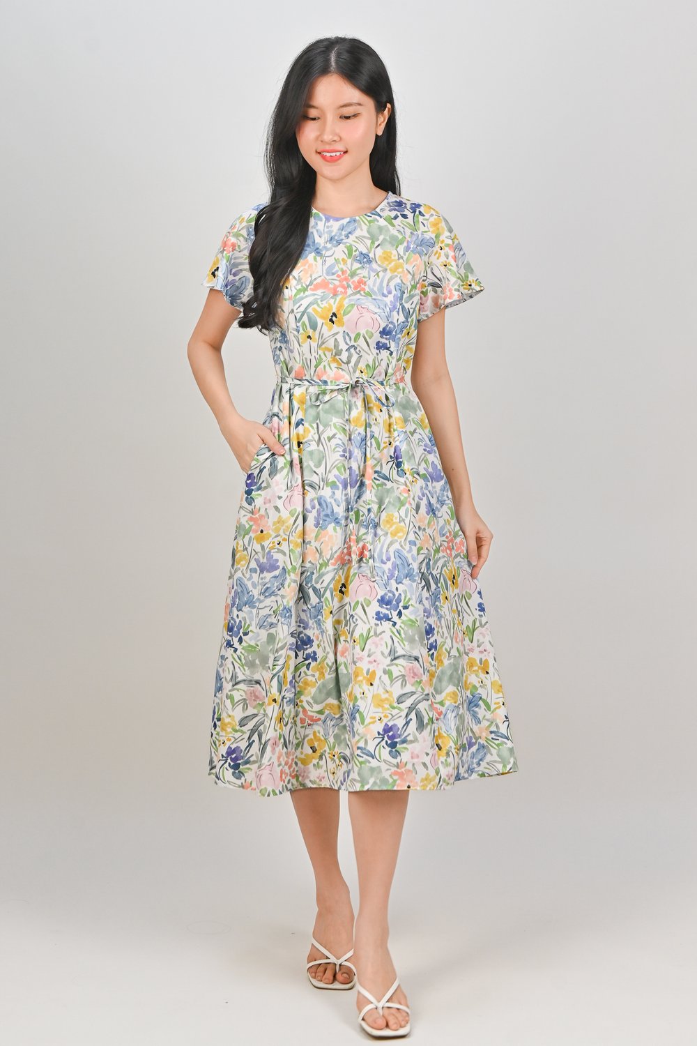 ANOUK WATERCOLOUR FLORAL SLEEVED MIDI DRESS