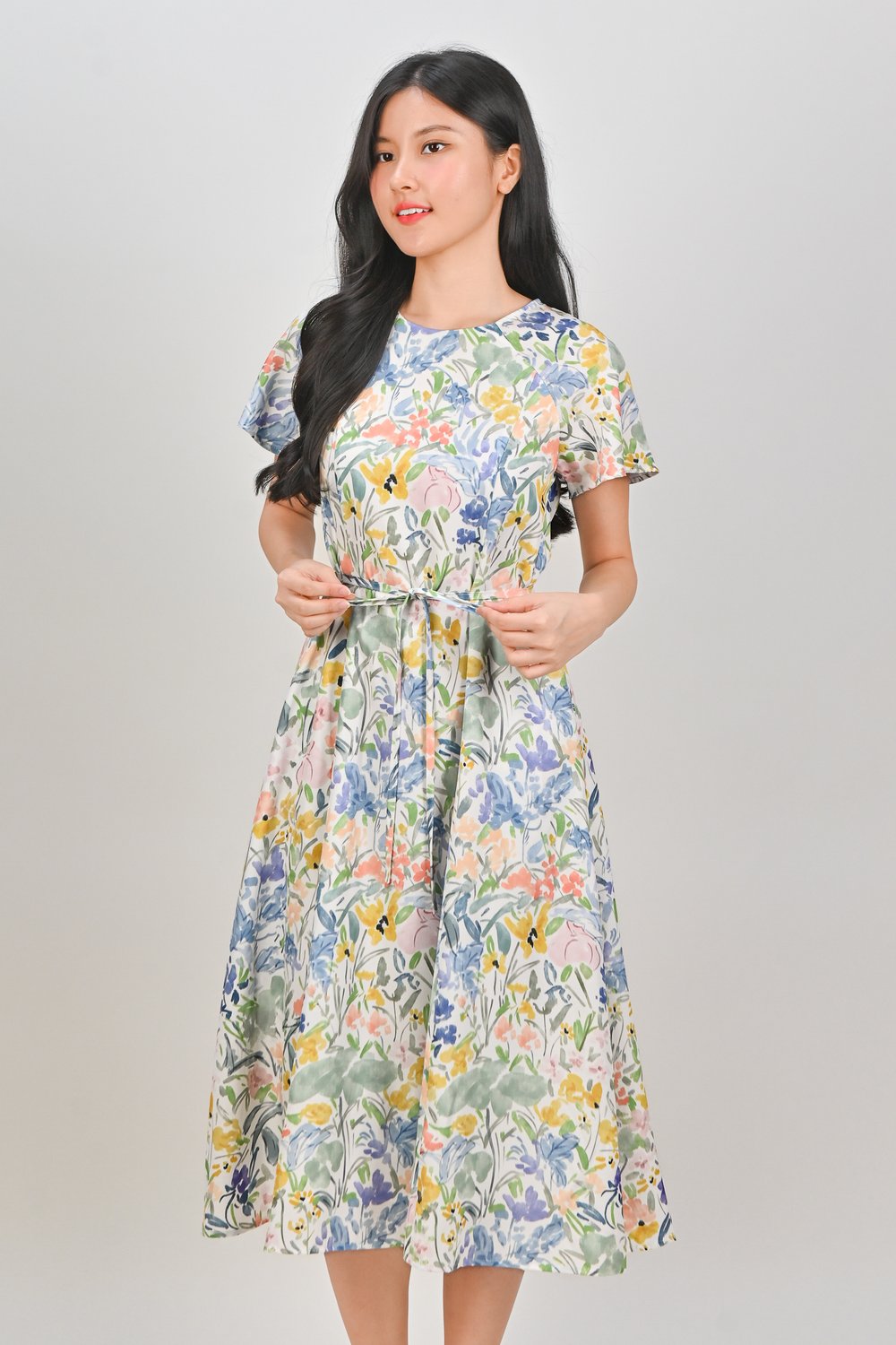 ANOUK WATERCOLOUR FLORAL SLEEVED MIDI DRESS