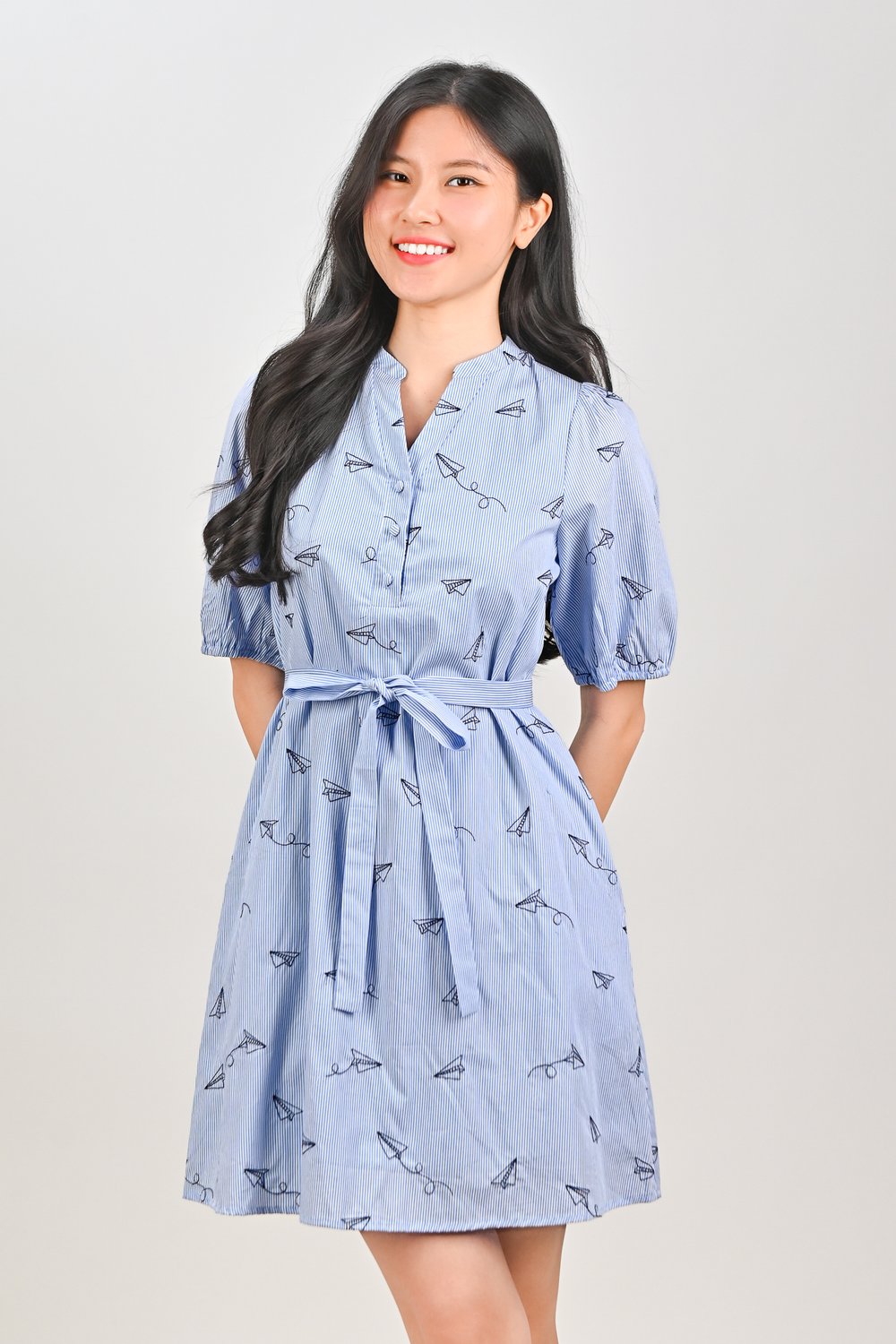 PAPER PLANE ON STRIPES SLEEVED SHIRT-DRESS