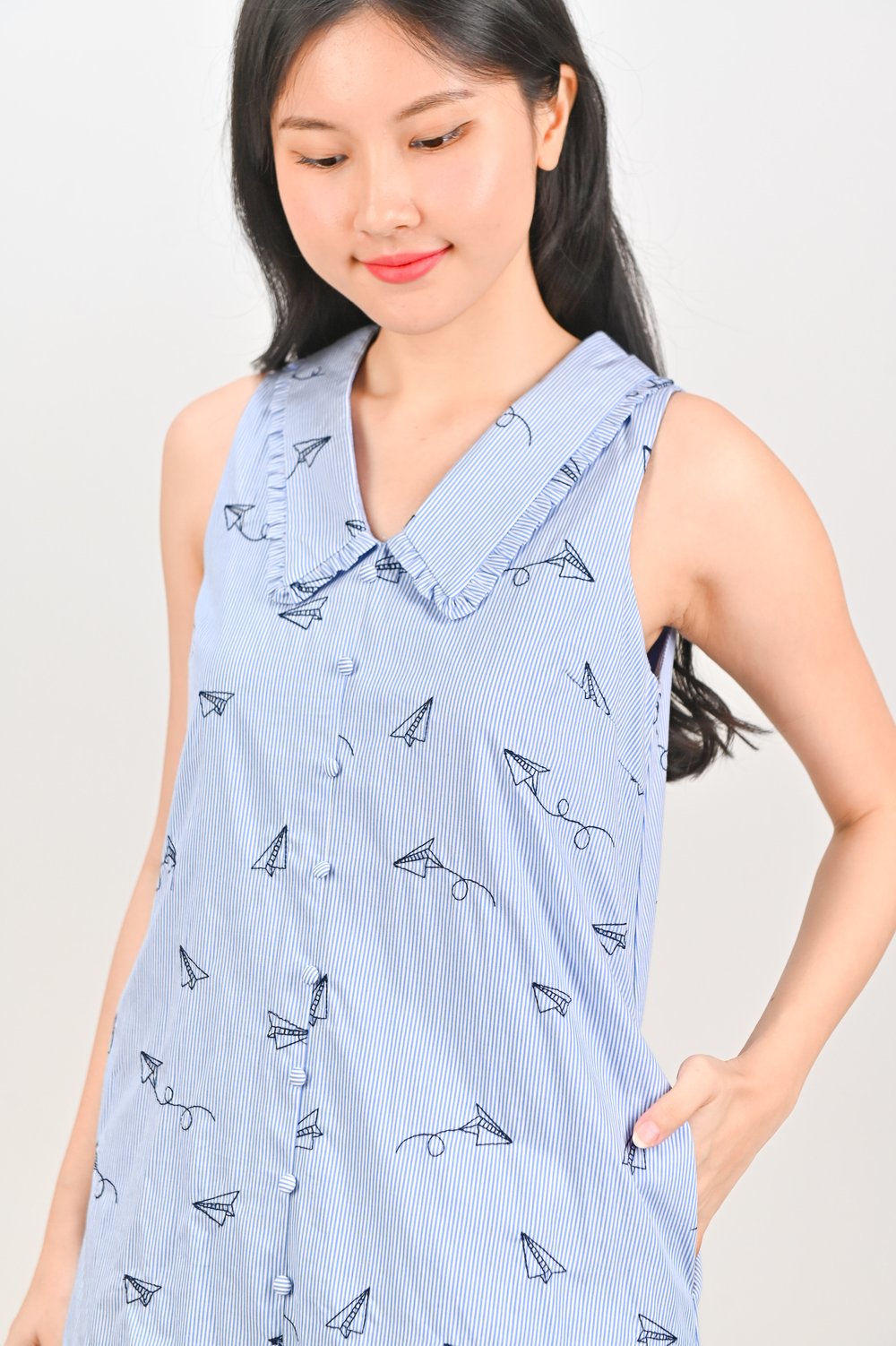 PAPER PLANE ON STRIPES SLEEVELESS DRESS