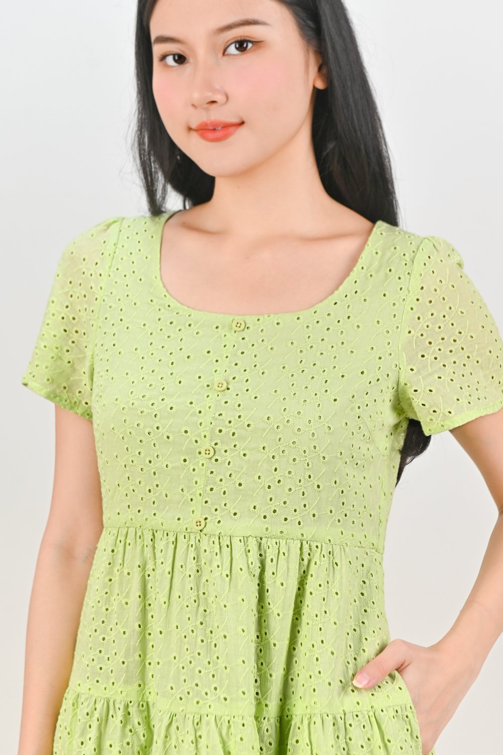 BAMBI EYELET SCOOP-NECK BABYDOLL DRESS IN GREEN