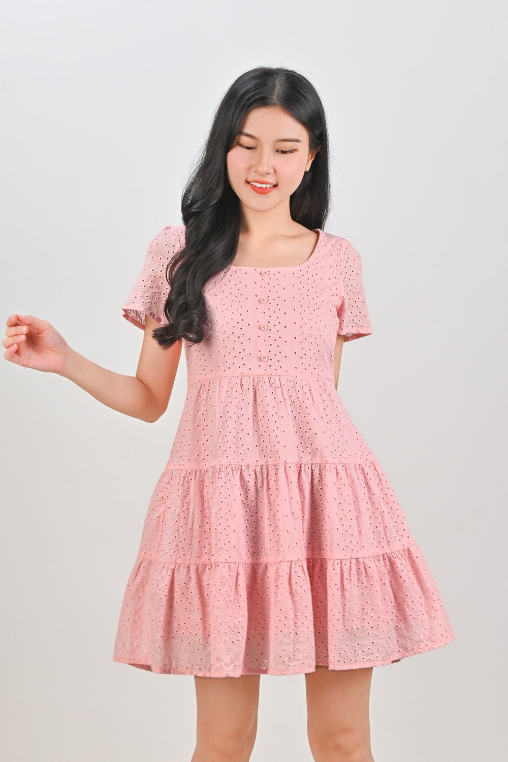 BAMBI EYELET SCOOP-NECK BABYDOLL DRESS IN PINK