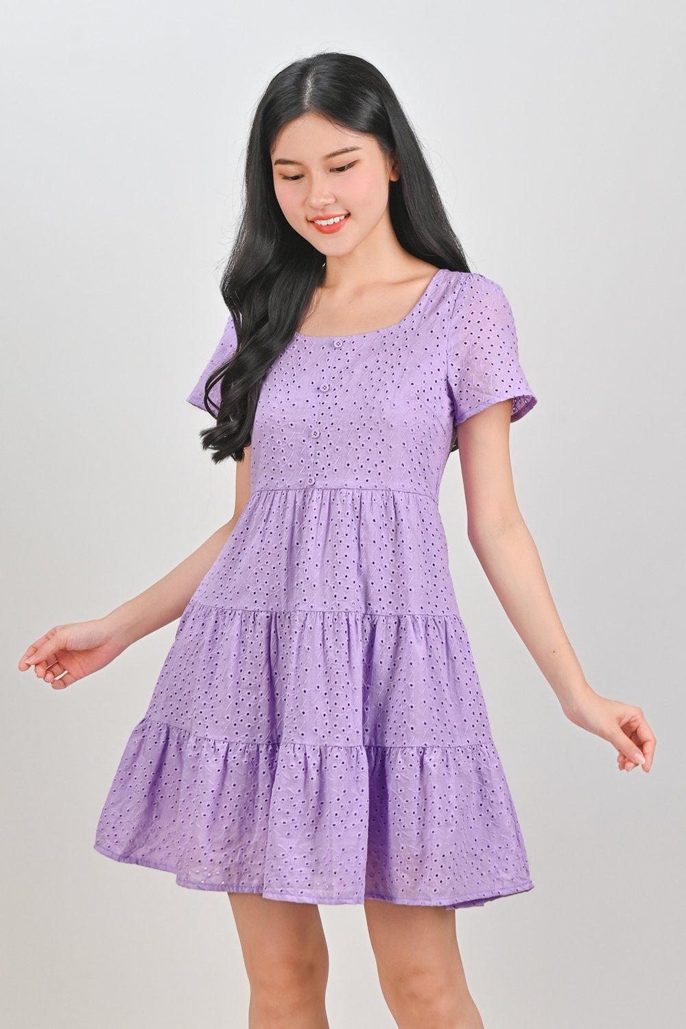 BAMBI EYELET SCOOP-NECK BABYDOLL DRESS IN LILAC