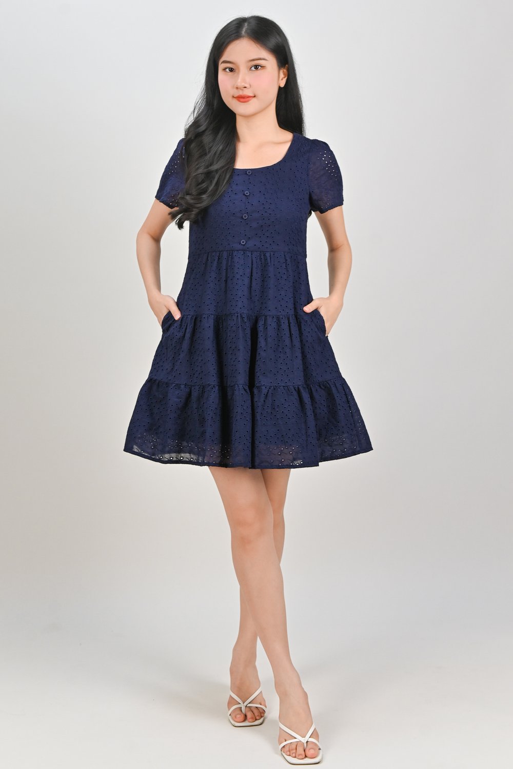 BAMBI EYELET SCOOP-NECK BABYDOLL DRESS IN NAVY