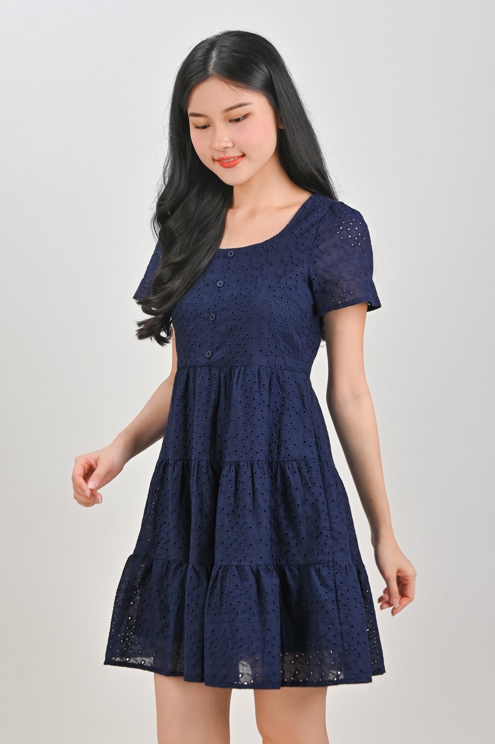 BAMBI EYELET SCOOP-NECK BABYDOLL DRESS IN NAVY