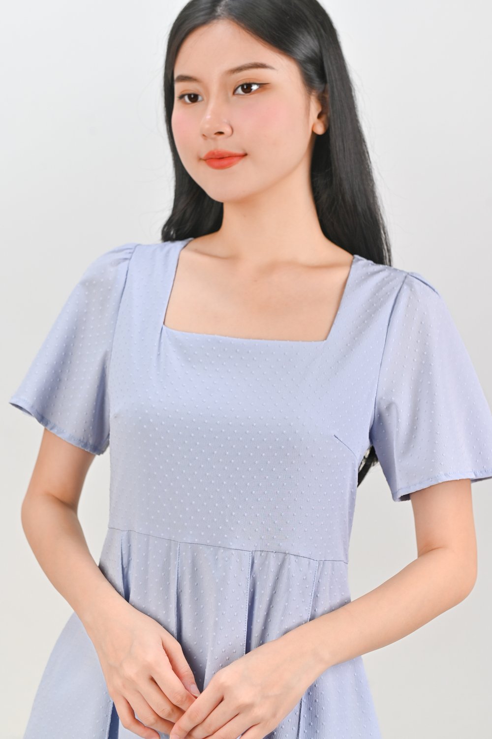 ELIRA DOTTY SQUARE-NECK SLEEVED DRESS IN PERI-BLUE