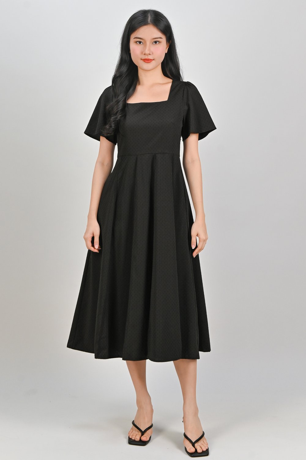 ELIRA DOTTY SQUARE-NECK SLEEVED DRESS IN BLACK