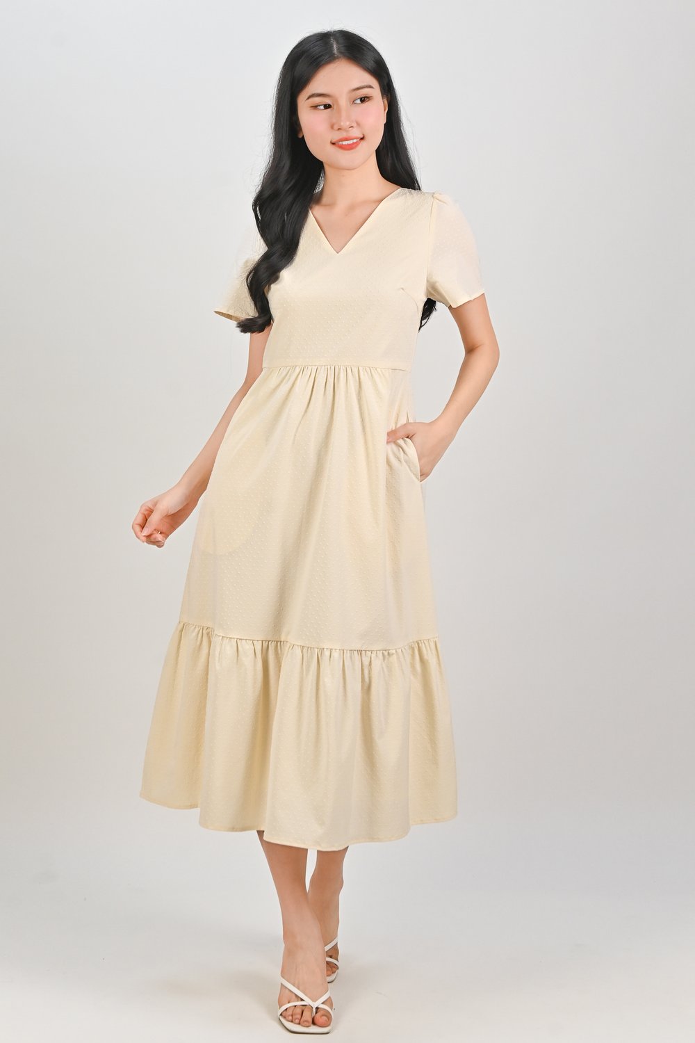 SYBELLE DOTTY V-NECK SLEEVED DRESS IN CREAM