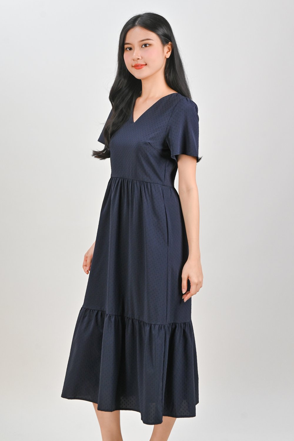 SYBELLE DOTTY V-NECK SLEEVED DRESS IN NAVY