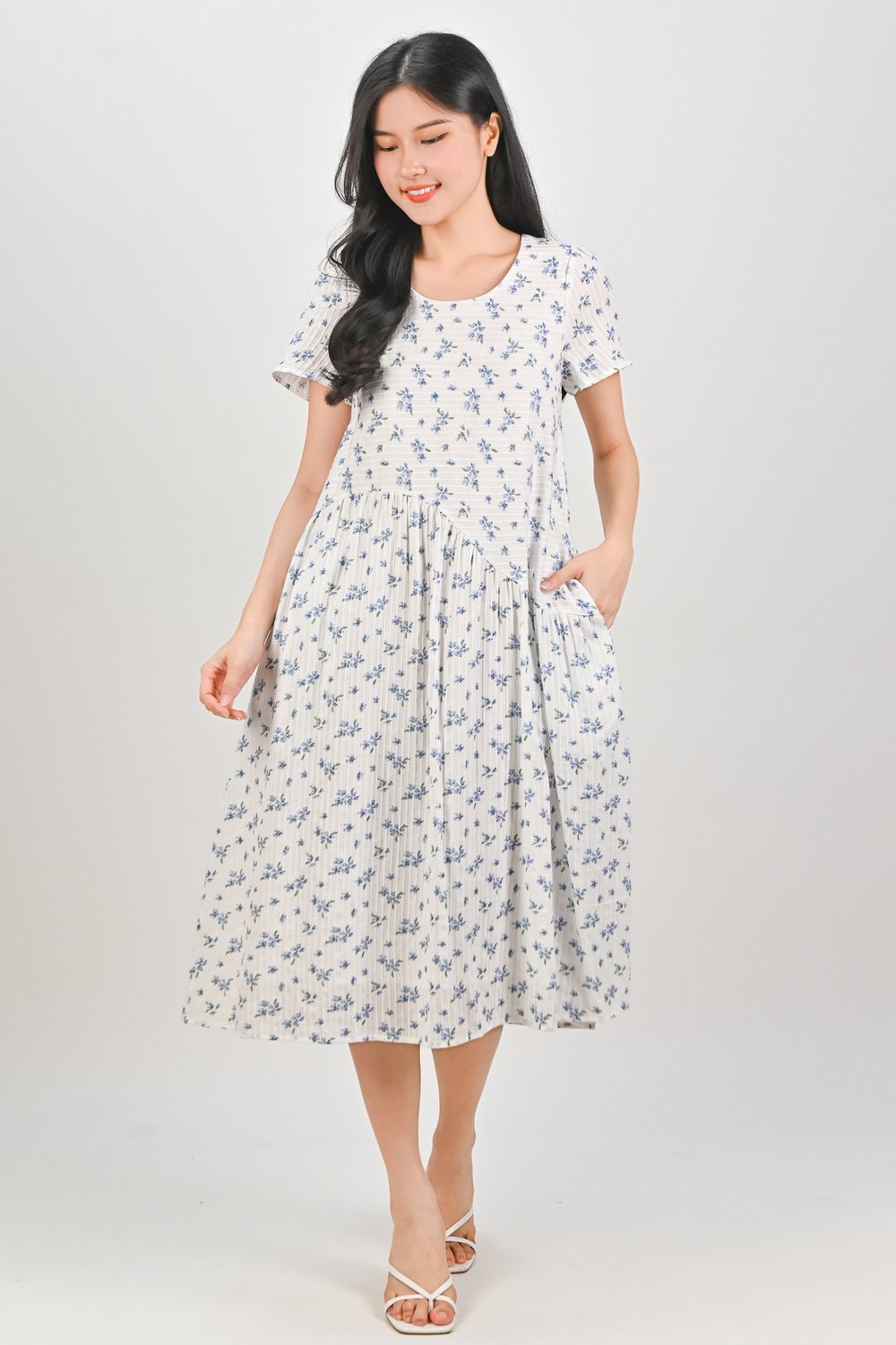 KATARA BLUE FLORAL SLEEVED CURVED-DROPWAIST DRESS