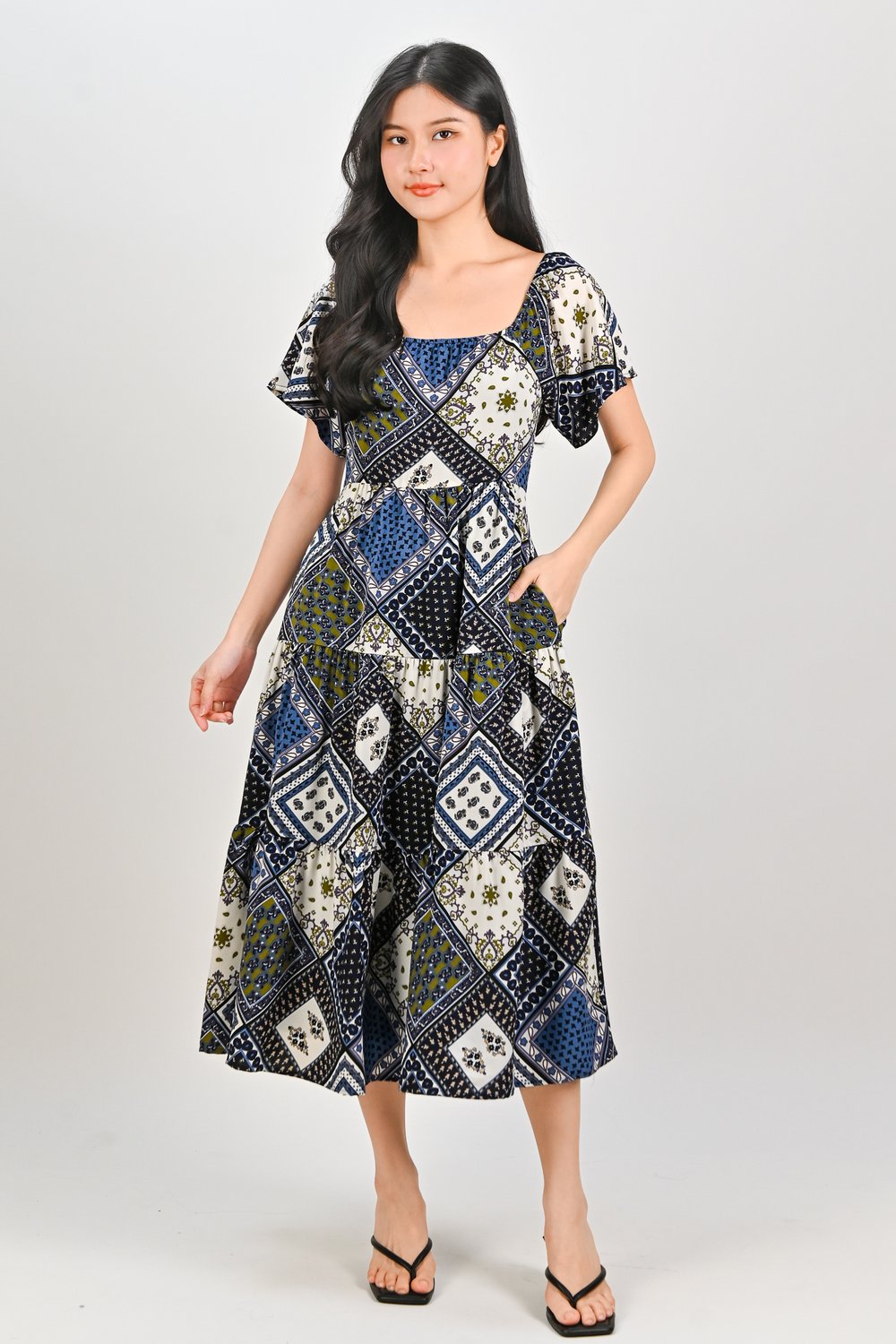 NABI SCOOP-NECK TIERED DRESS IN BLUE PATCHWORK