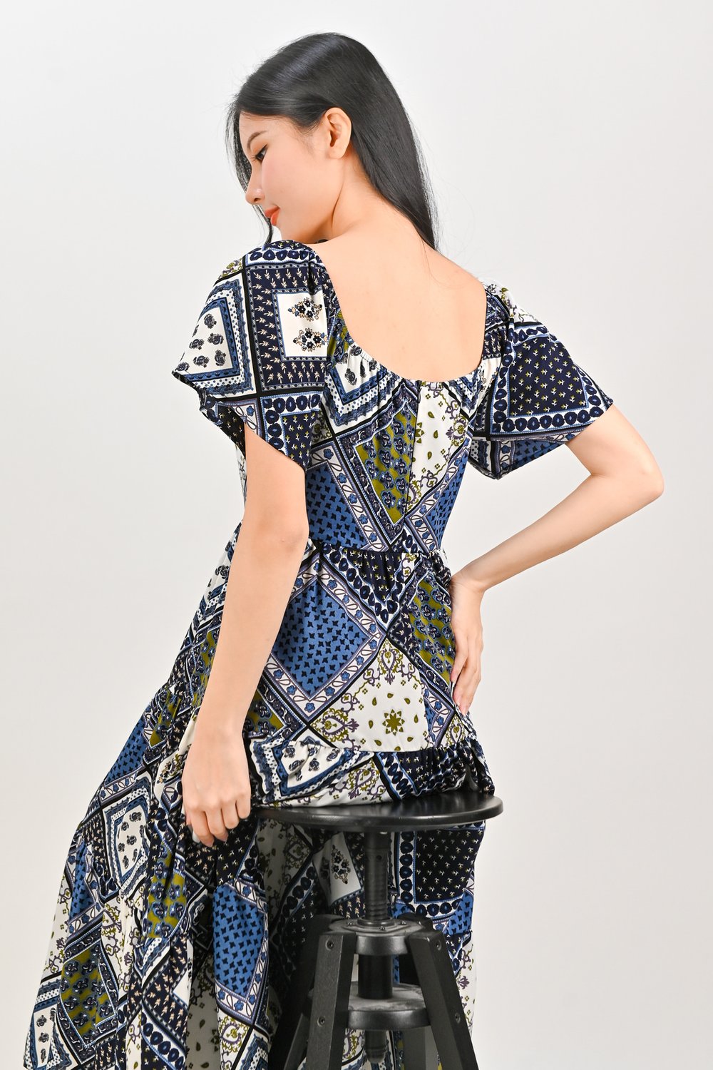 NABI SCOOP-NECK TIERED DRESS IN BLUE PATCHWORK