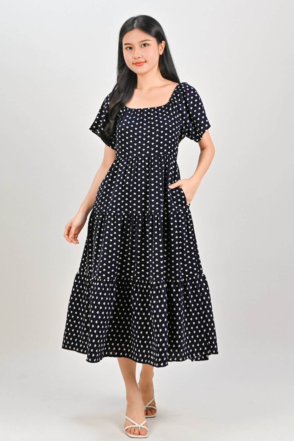 NABI SCOOP-NECK TIERED DRESS IN NAVY HEARTS