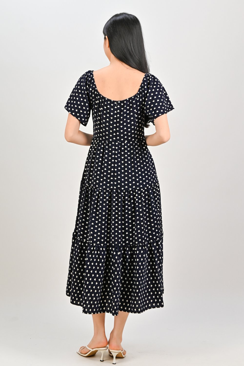 NABI SCOOP-NECK TIERED DRESS IN NAVY HEARTS