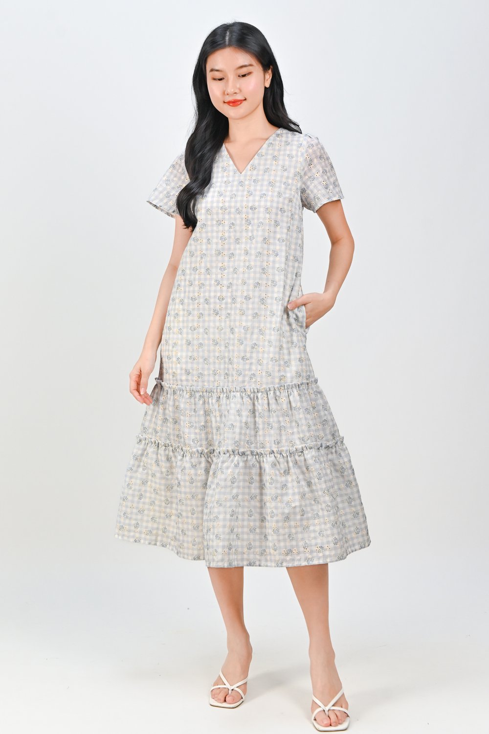 AKEMI GINGHAM EYELET FLORAL SLEEVED TIERED DRESS