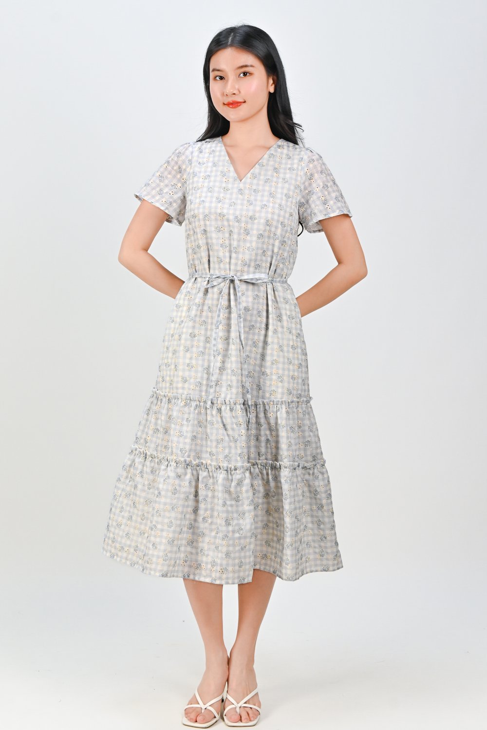 AKEMI GINGHAM EYELET FLORAL SLEEVED TIERED DRESS