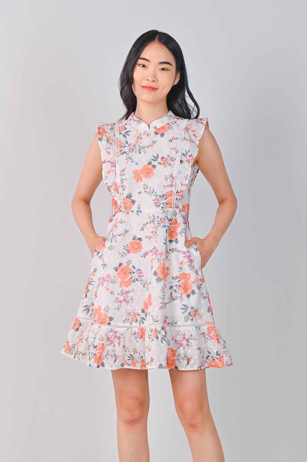 LELE LATTICE CHEONGSAM IN ORANGE FLORAL