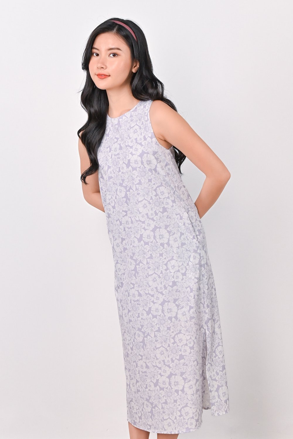 LILAC BLOOMS SIDE-SLIT MIDI DRESS