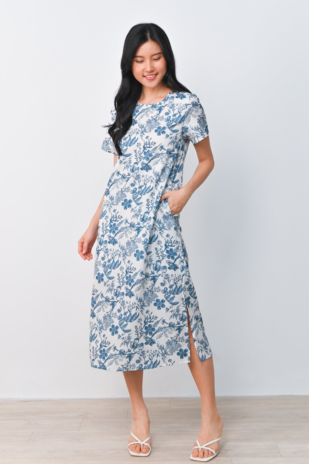 AGOT BLUE TOILE ROUND-NECK SLEEVED DRESS