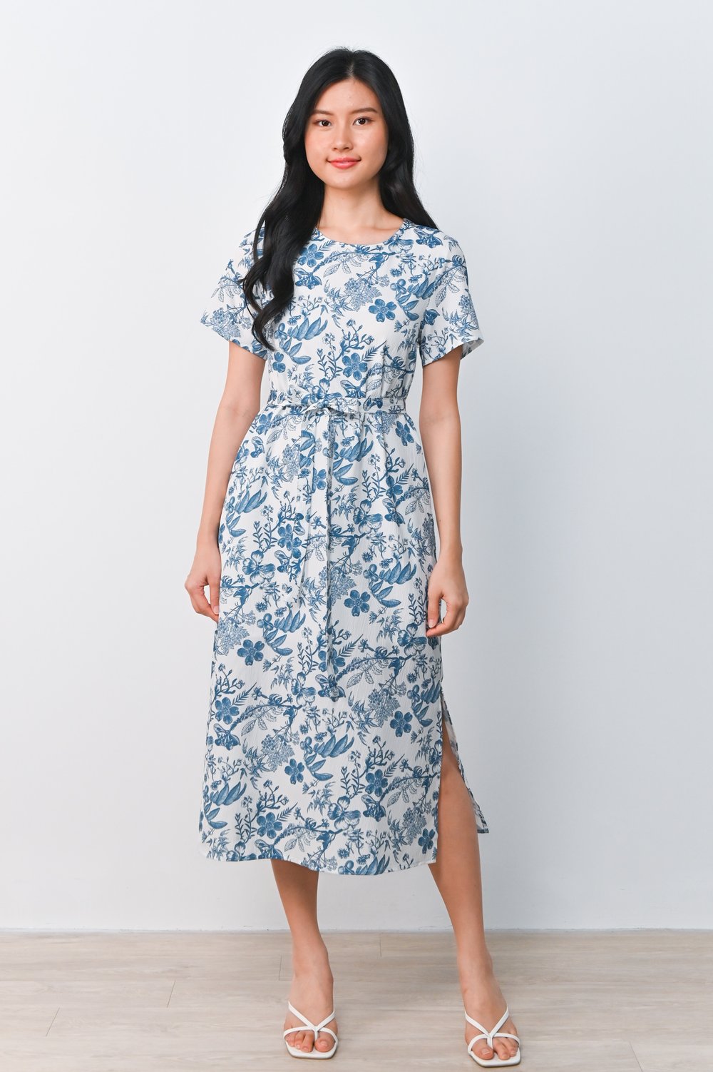 AGOT BLUE TOILE ROUND-NECK SLEEVED DRESS