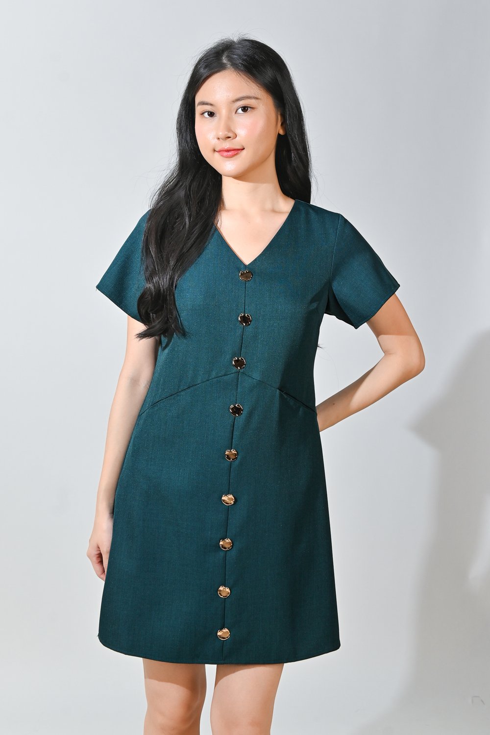 TILLY GOLD-BUTTON DRESS IN FOREST