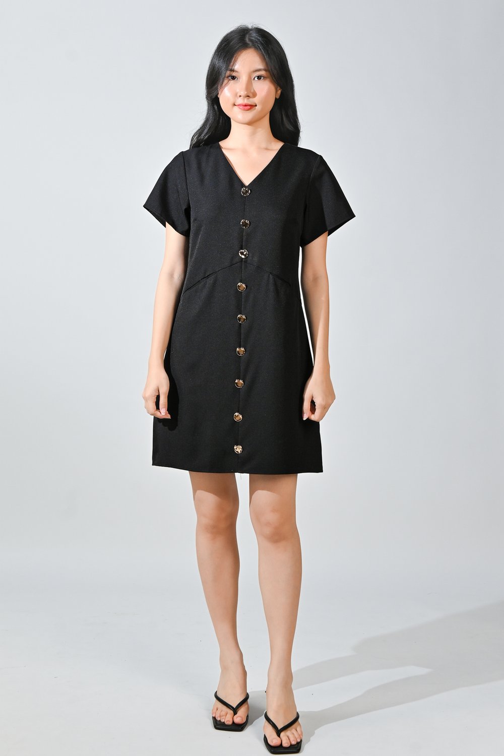 TILLY GOLD-BUTTON DRESS IN BLACK