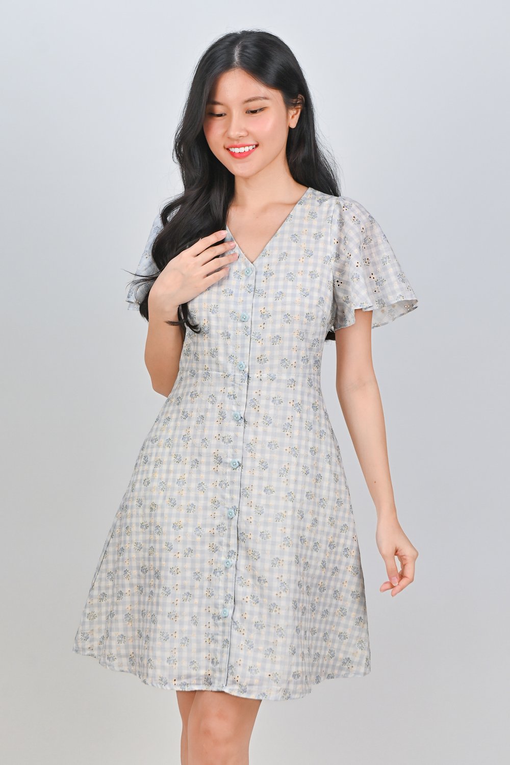 TULLIA GINGHAM EYELET SLEEVED BUTTON DRESS