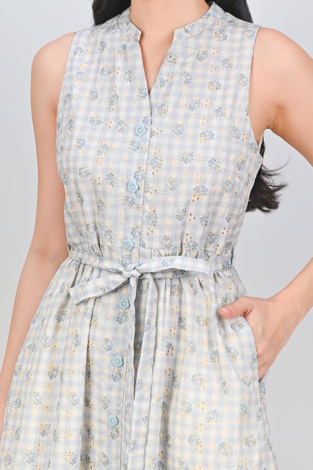 MAELIE GINGHAM EYELET SLEEVELESS SHIRT-DRESS