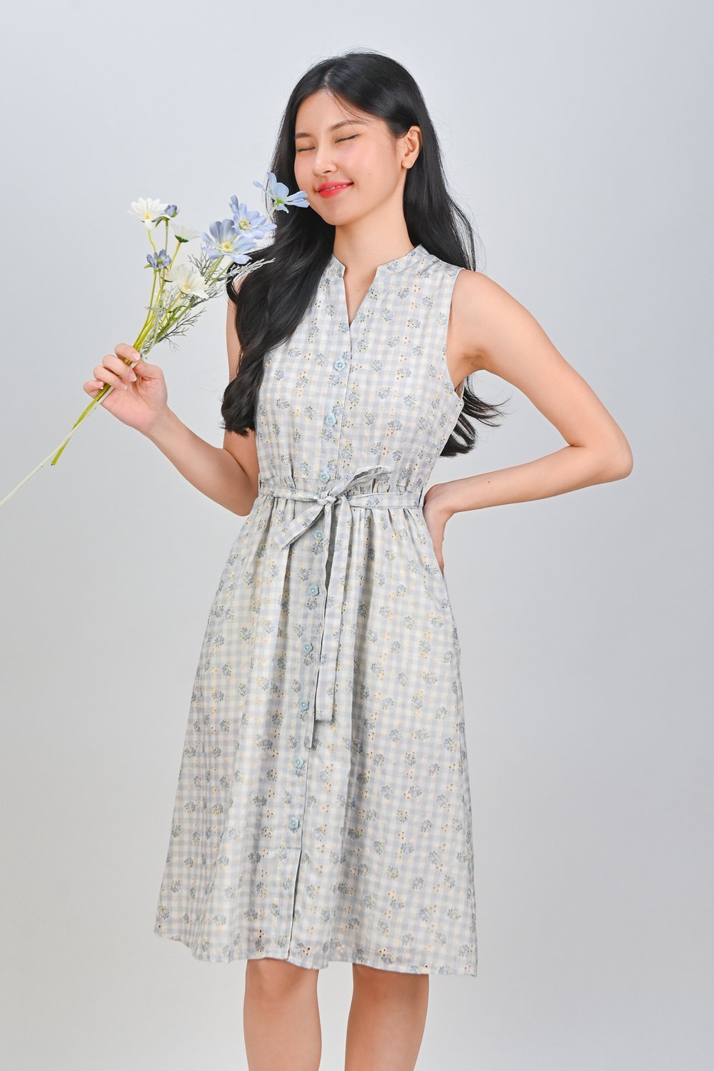 MAELIE GINGHAM EYELET SLEEVELESS SHIRT-DRESS