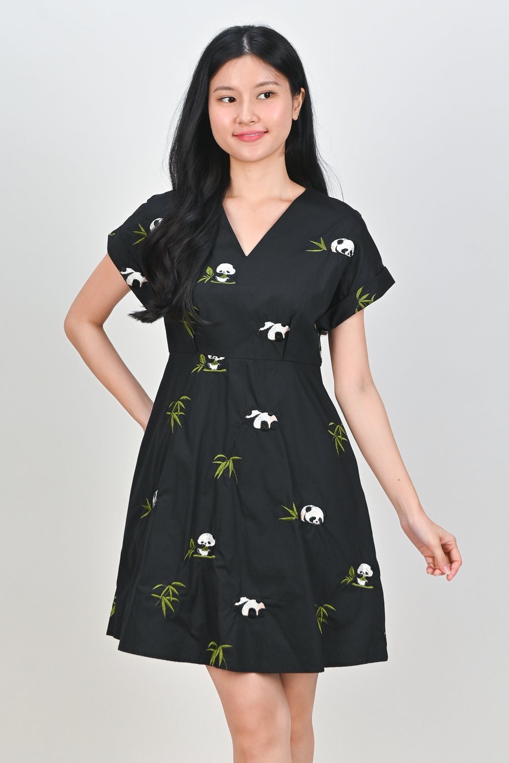 PANDA MANIA BLACK V-NECK SLEEVED DRESS