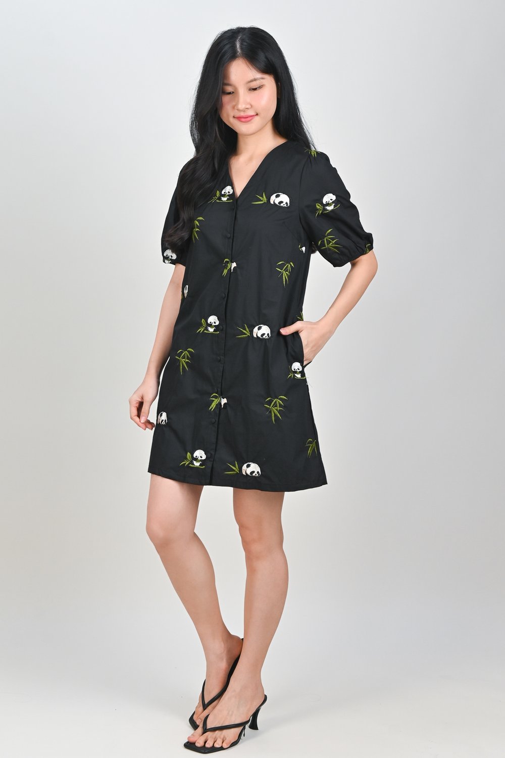 PANDA MANIA BLACK BUTTONED SHIRT-DRESS