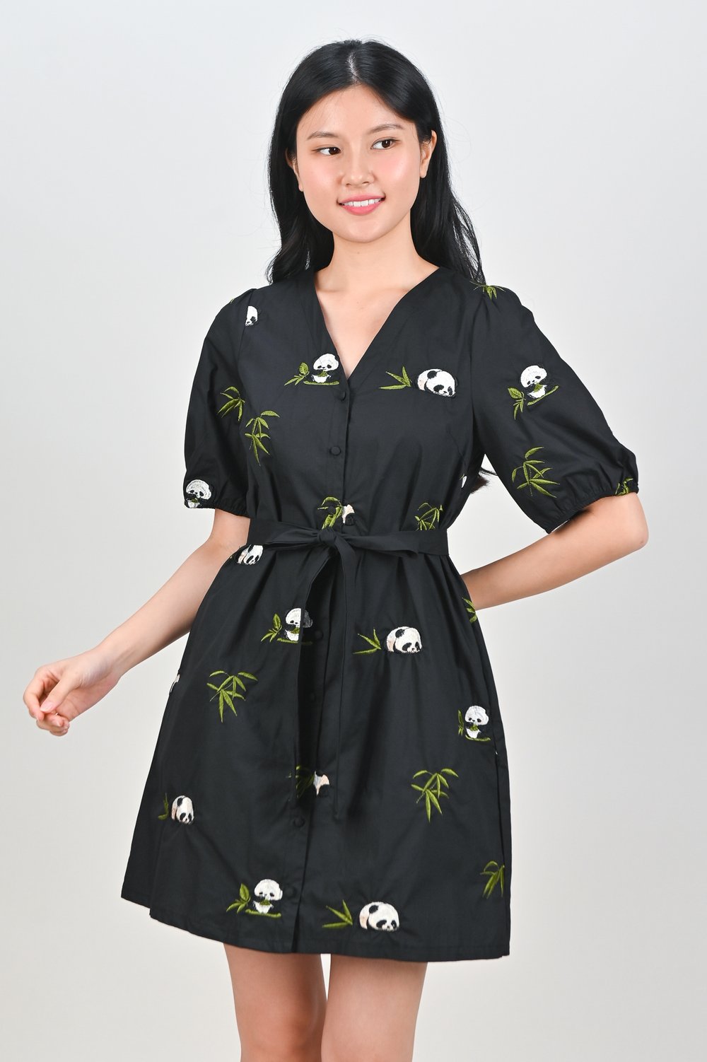PANDA MANIA BLACK BUTTONED SHIRT-DRESS