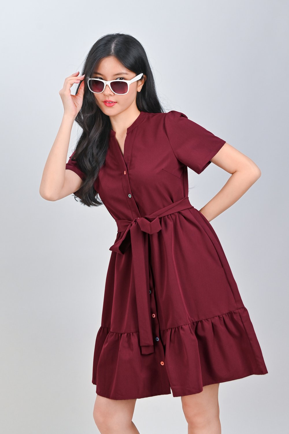 PIXIE FLOUNCE SHIRT-DRESS IN WINE