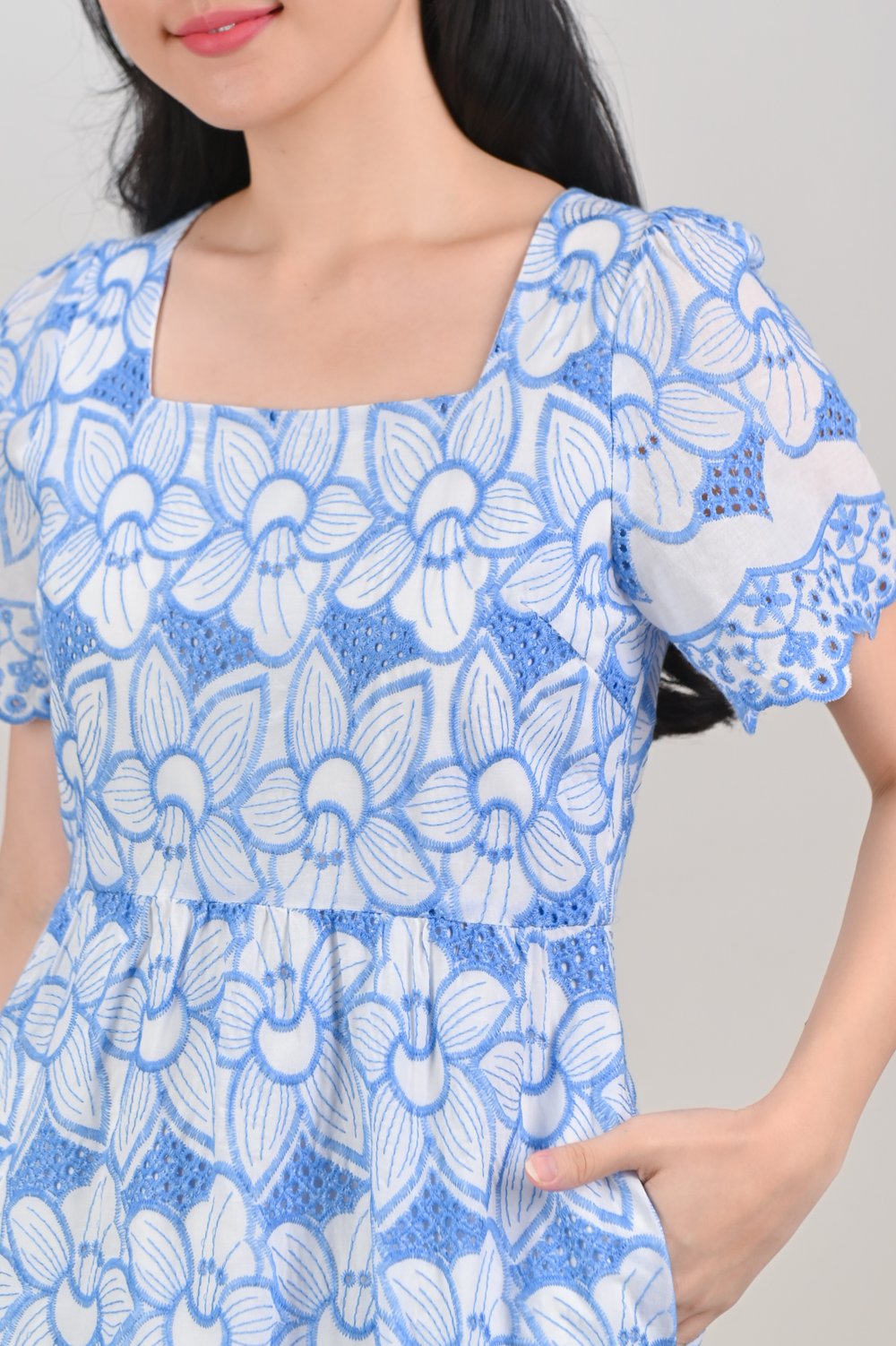CLIO BLUE EMBROIDERED SQUARE-NECK SLEEVED DRESS