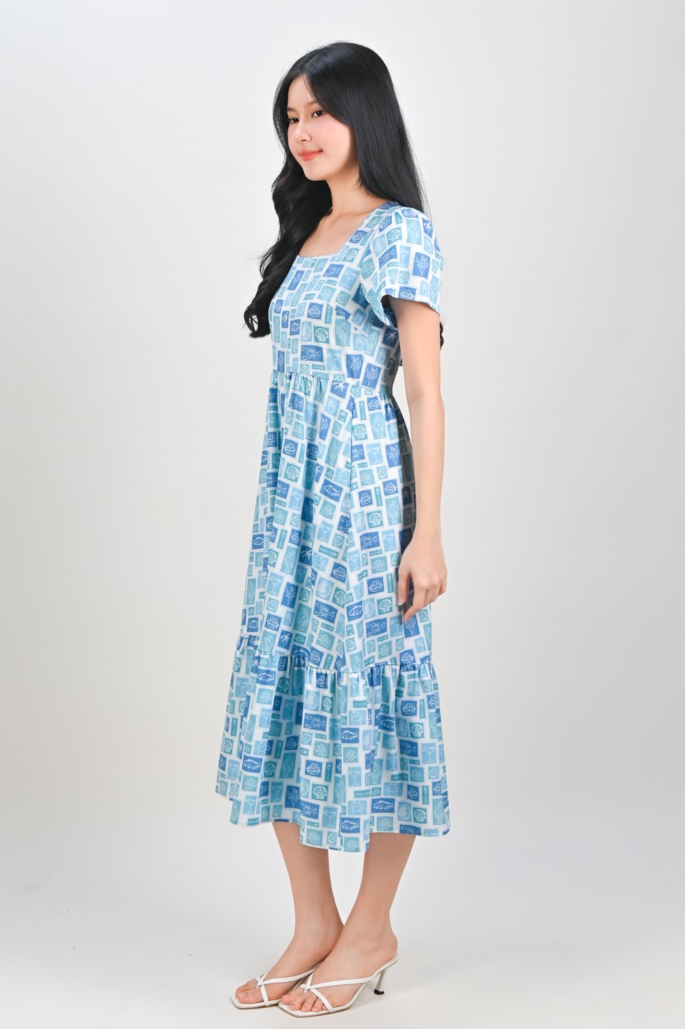 BLUE LOBSTER STAMPS SQUARE-NECK SLEEVED MIDI DRESS