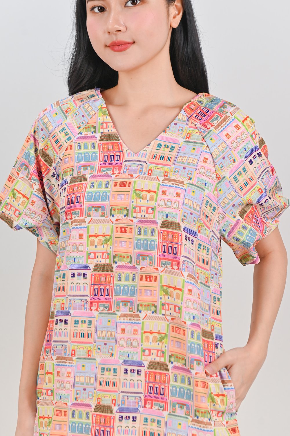 SHOPHOUSE PATTERN PUFF-SLEEVED SHIFT DRESS