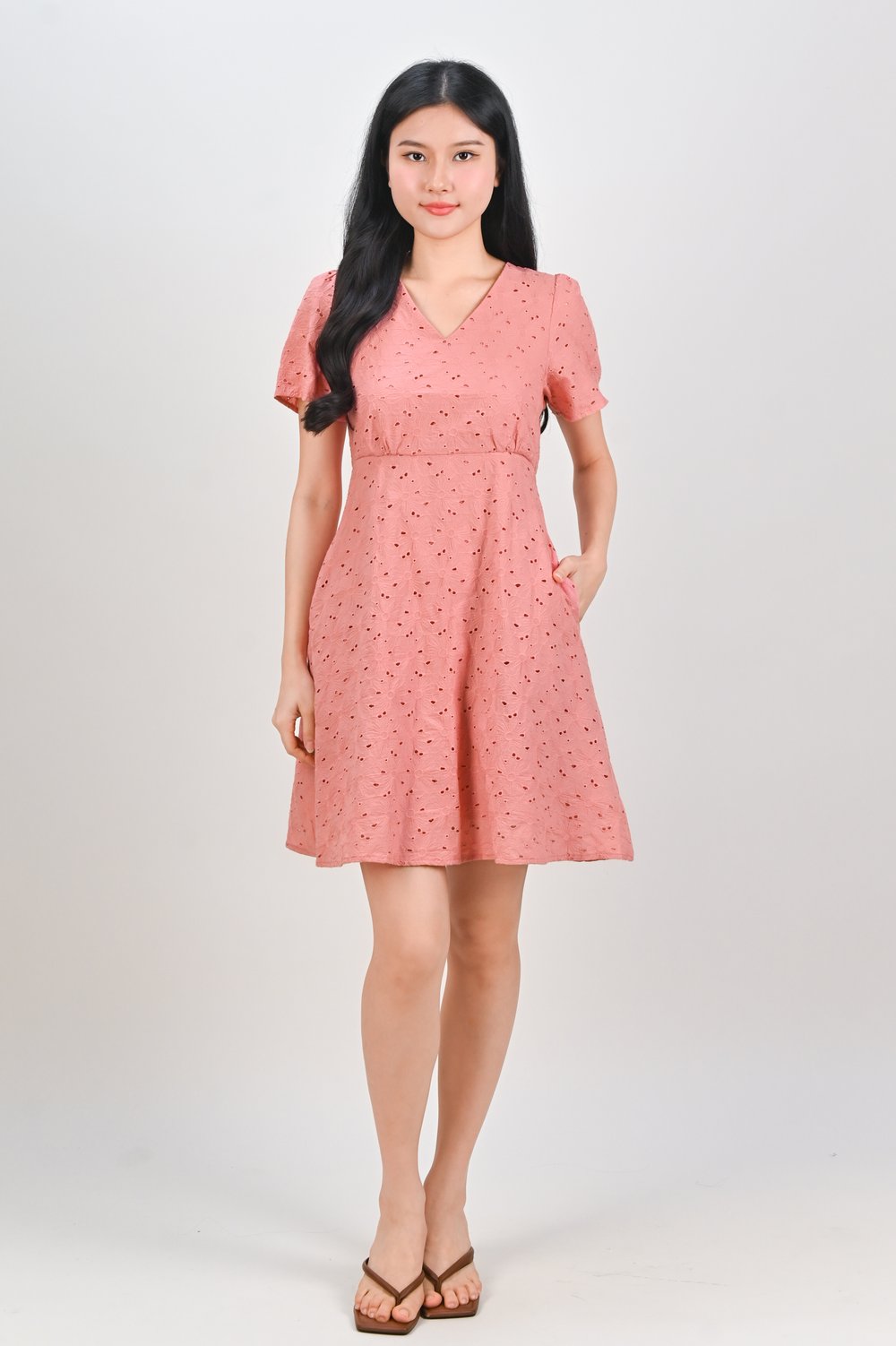 WYUNA EYELET HIGH-WAIST SHORT DRESS IN SALMON
